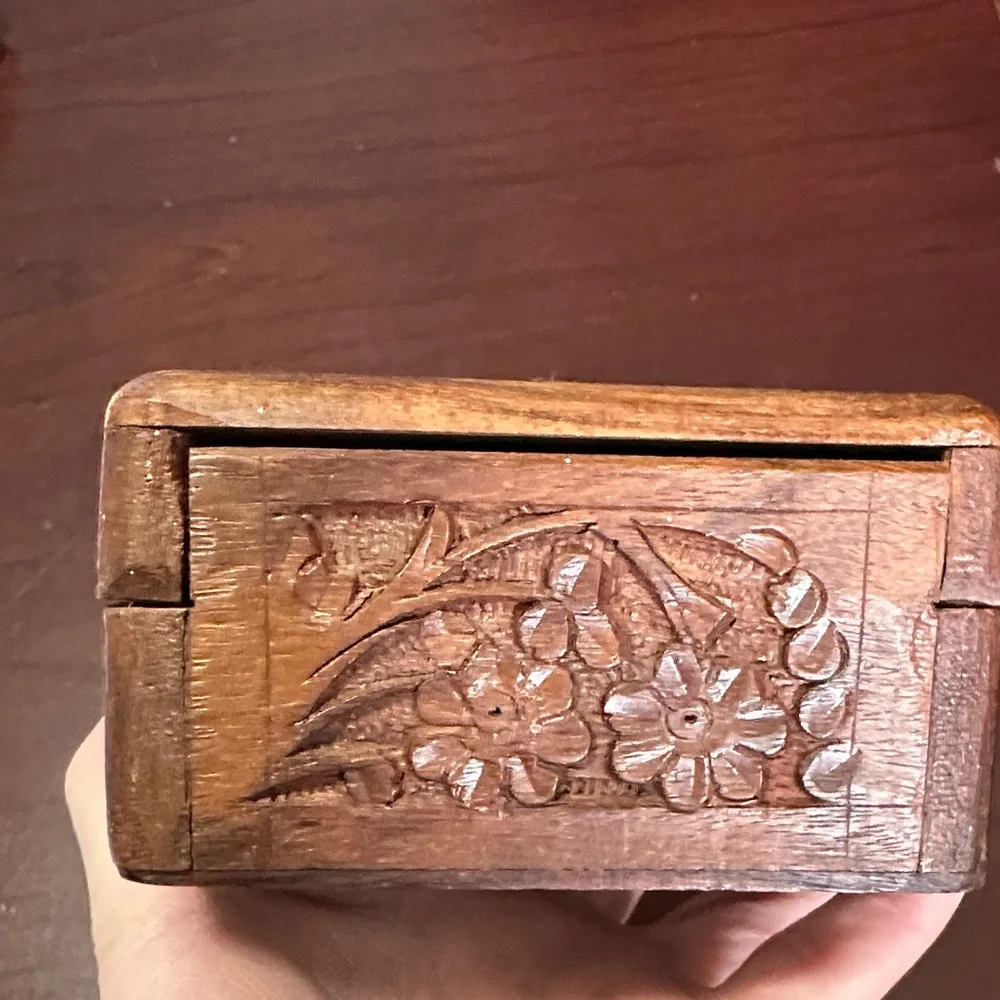 Carved Floral Wooden Trinket Box in Warm Brown